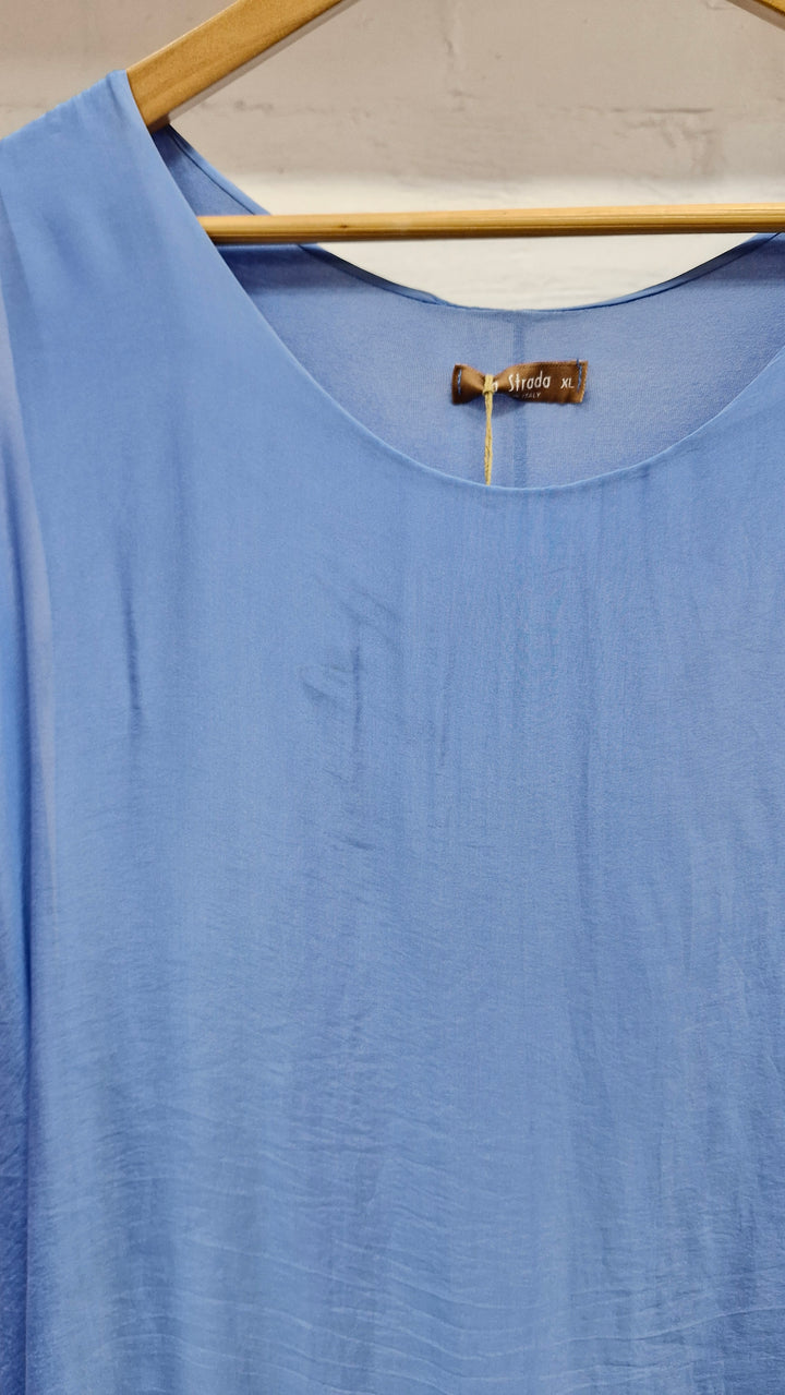 La Strada Multi-Layer Silk Dress in Cornflower Blue- small makeup mark on neckline