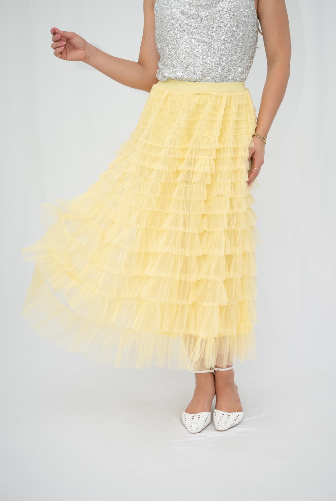 Fria Ruffle Mesh Party Skirt in Lemon