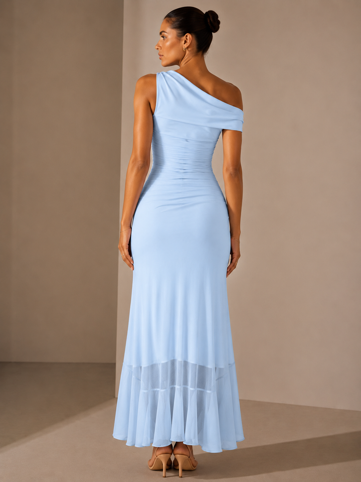 Off the Should Rouched Maxi Dress in Powder Blue