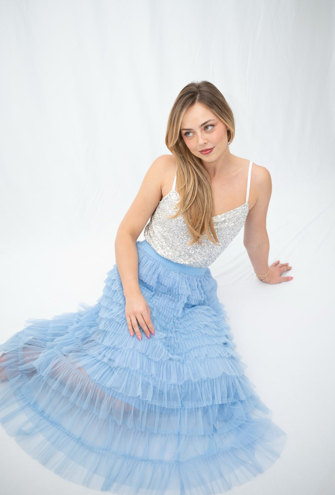 Fria Ruffle Mesh Party Skirt in Blue