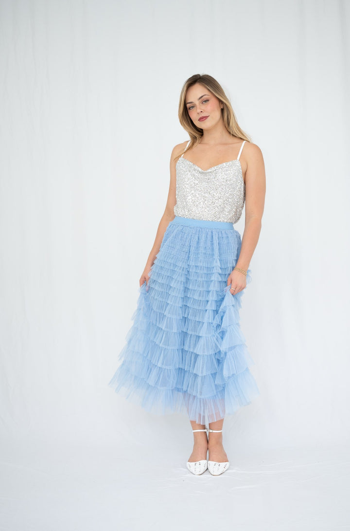 Fria Ruffle Mesh Party Skirt in Blue