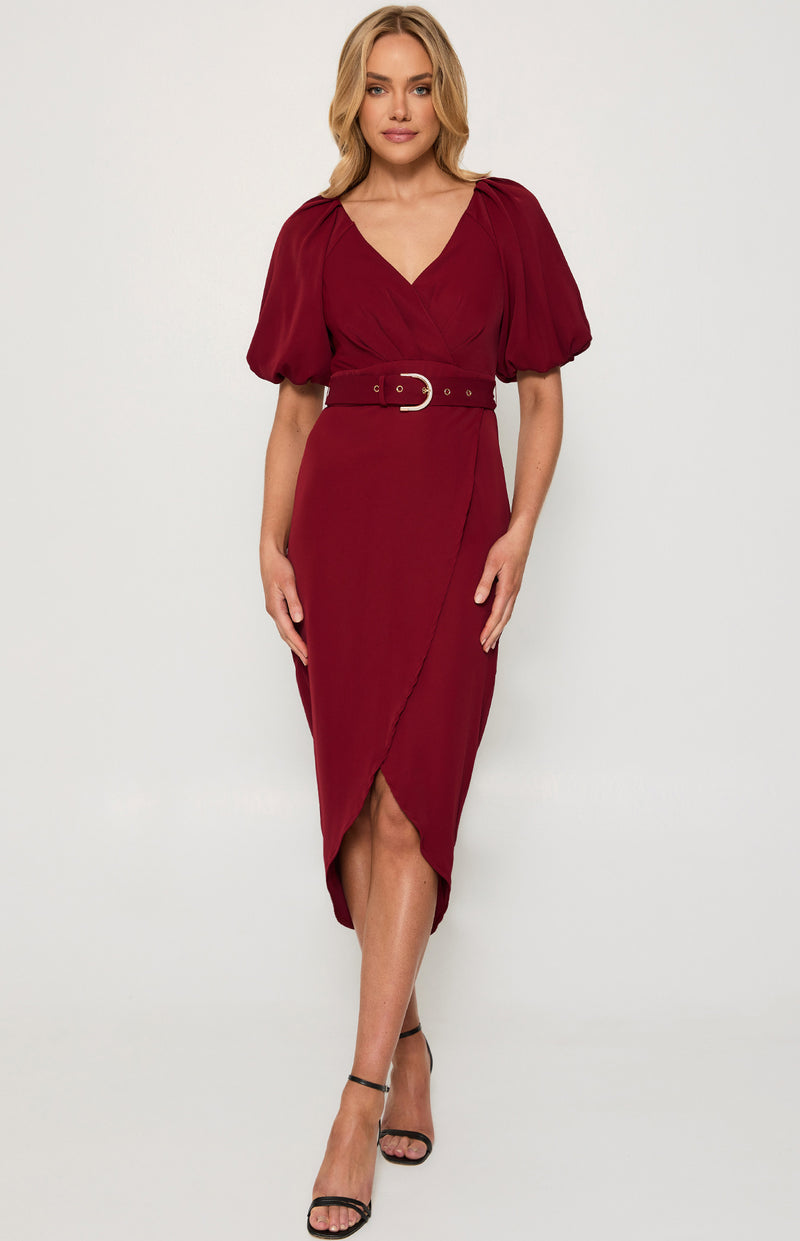 Style State Pleated Shoulder Dress with Belt in Wine