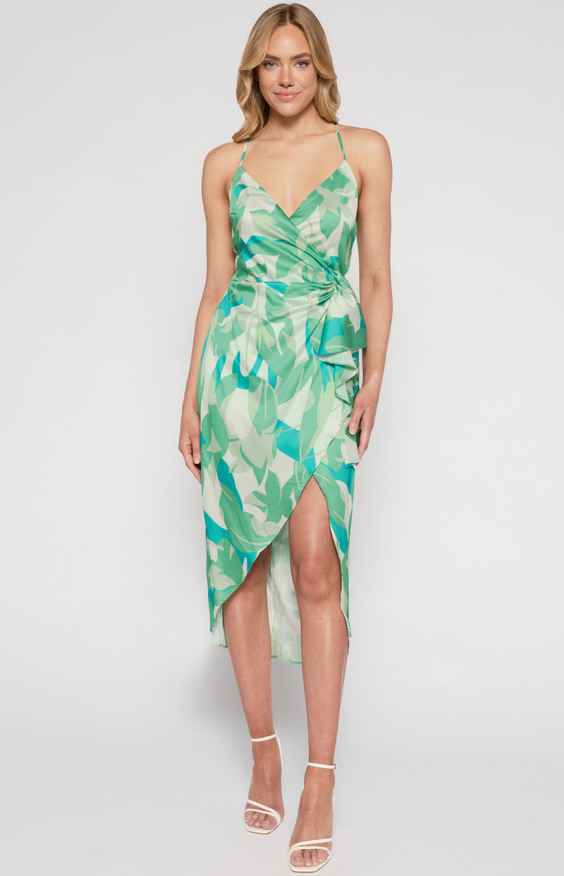 Style State Abstract Print Satin Dress with Cross Back