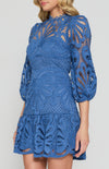 Style State Embroidered Lace Dress with Bubble Sleeve Detail in Blue