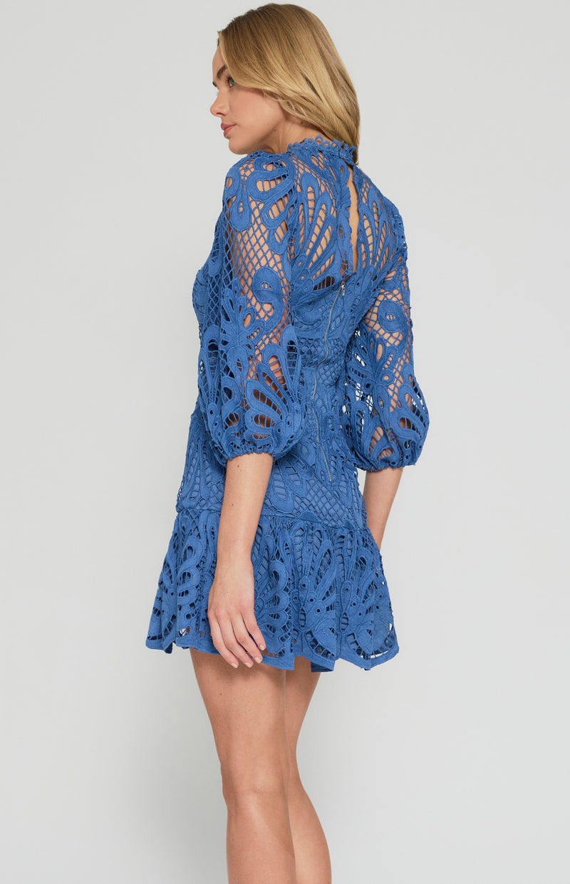 Style State Embroidered Lace Dress with Bubble Sleeve Detail in Blue