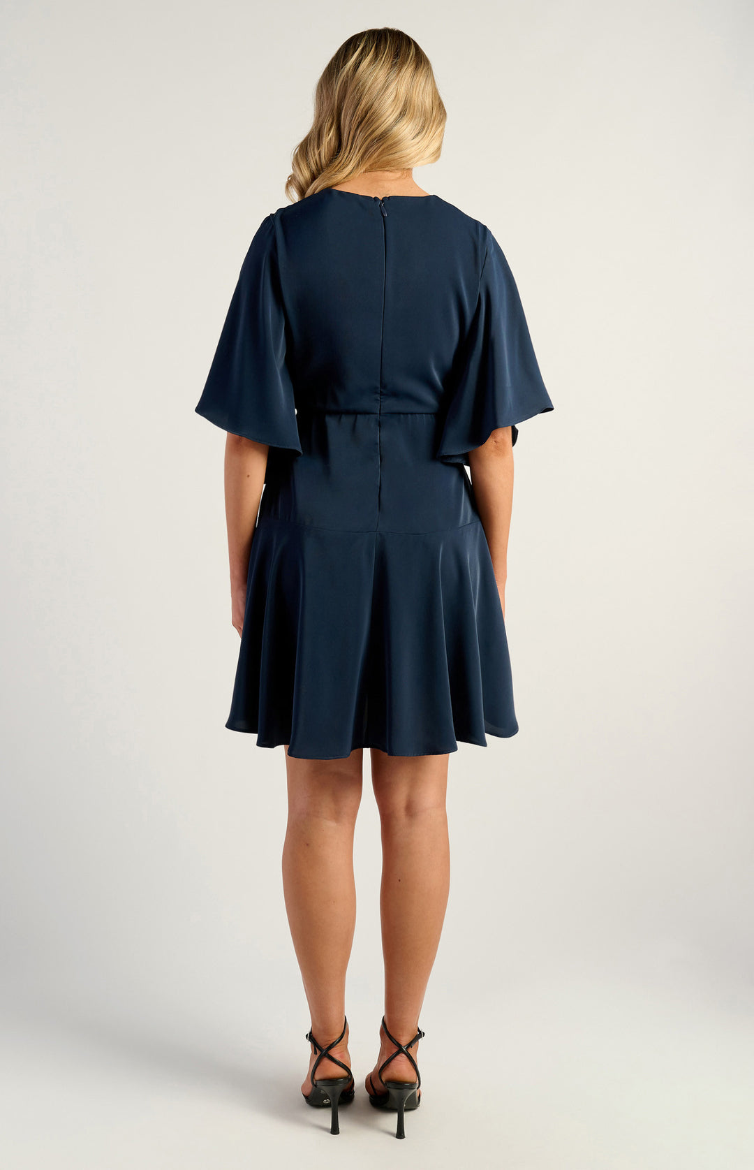 Style State Bell Sleeve Faux Wrap Dress with Layered Frill Hem in Navy