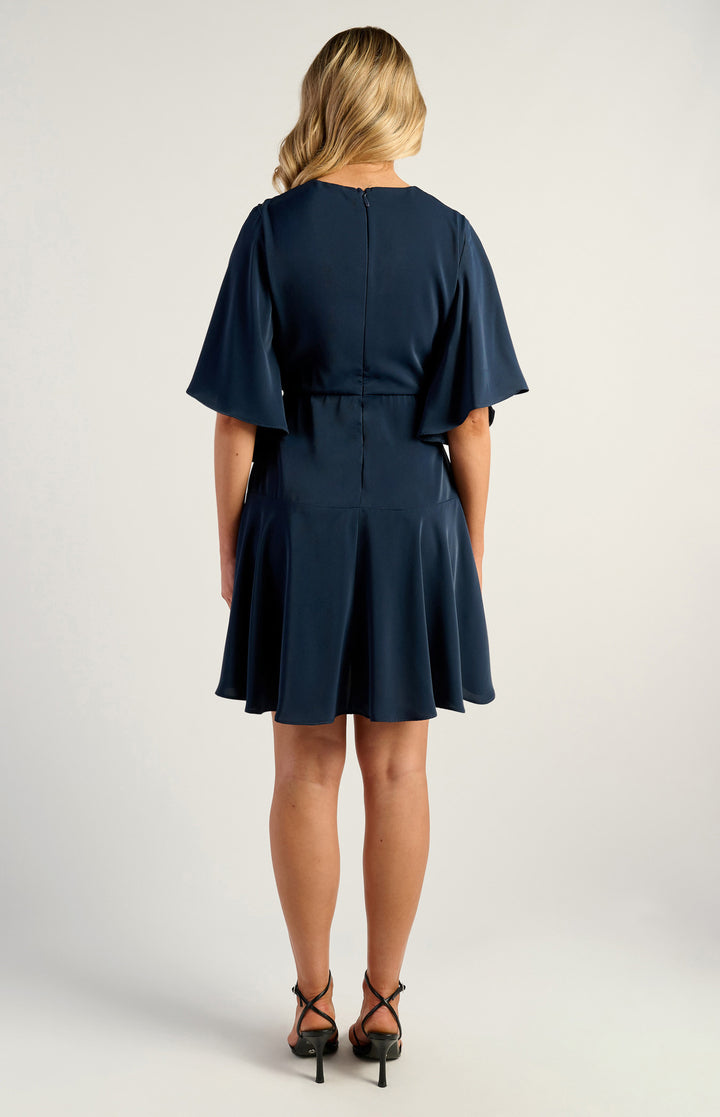 Style State Bell Sleeve Faux Wrap Dress with Layered Frill Hem in Navy