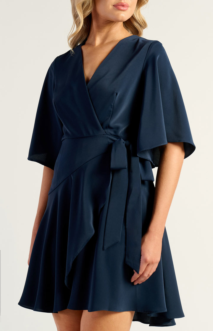 Style State Bell Sleeve Faux Wrap Dress with Layered Frill Hem in Navy