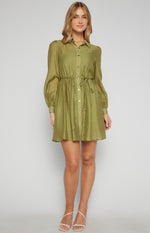 Style State Gold Button Textured Shirt Dress in Olive