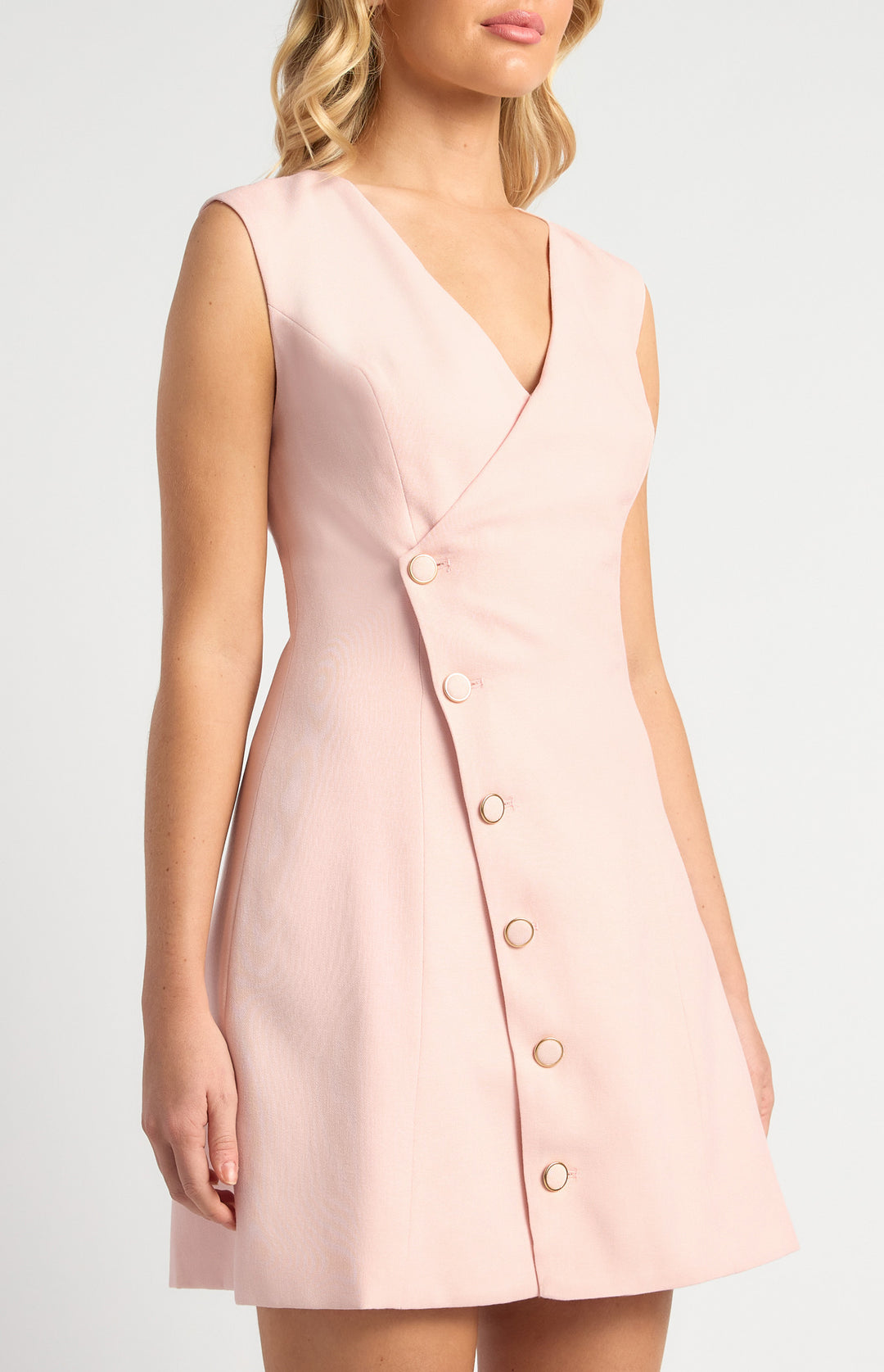 Style State Asymmetrical Gold Accent Button Vest Dress in Pink