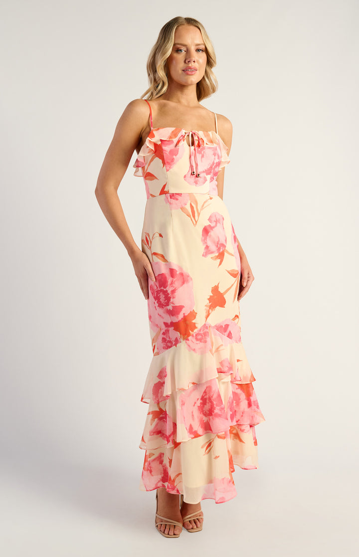 Style State Floral Chiffon Frill Neckline Tiered Dress in Pink