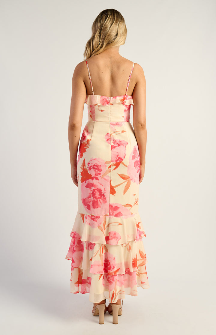 Style State Floral Chiffon Frill Neckline Tiered Dress in Pink