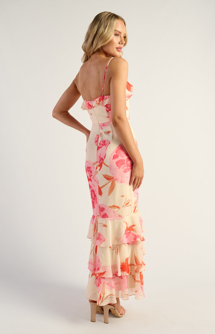 Style State Floral Chiffon Frill Neckline Tiered Dress in Pink