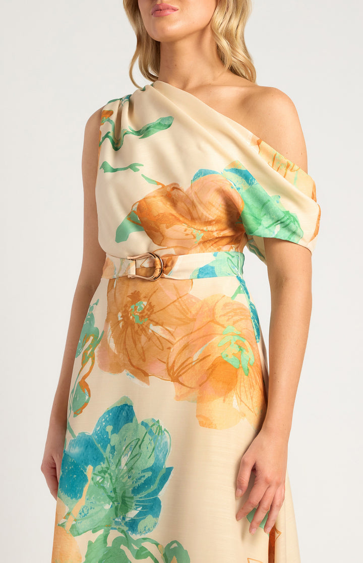 Style State Asymmetrical Faux Linen Floral Print Dress IN Tangerine and Blue