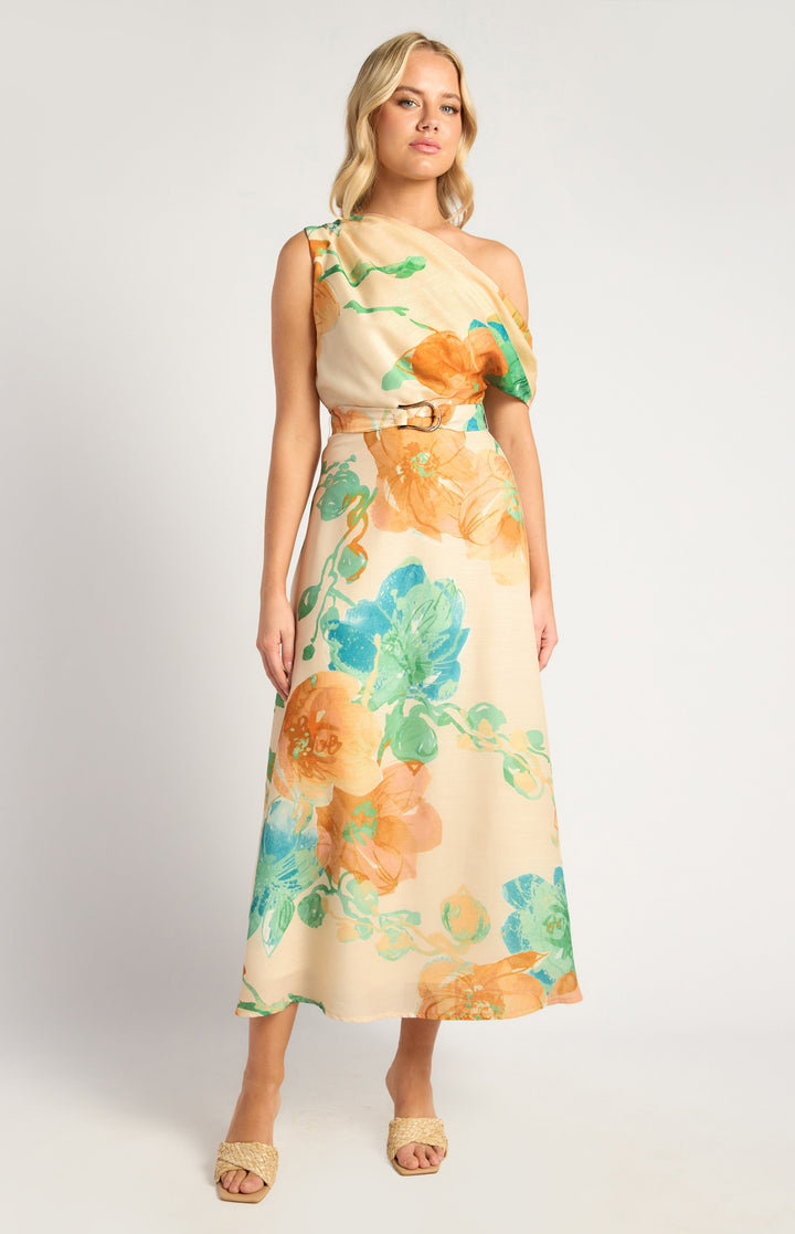 Style State Asymmetrical Faux Linen Floral Print Dress IN Tangerine and Blue