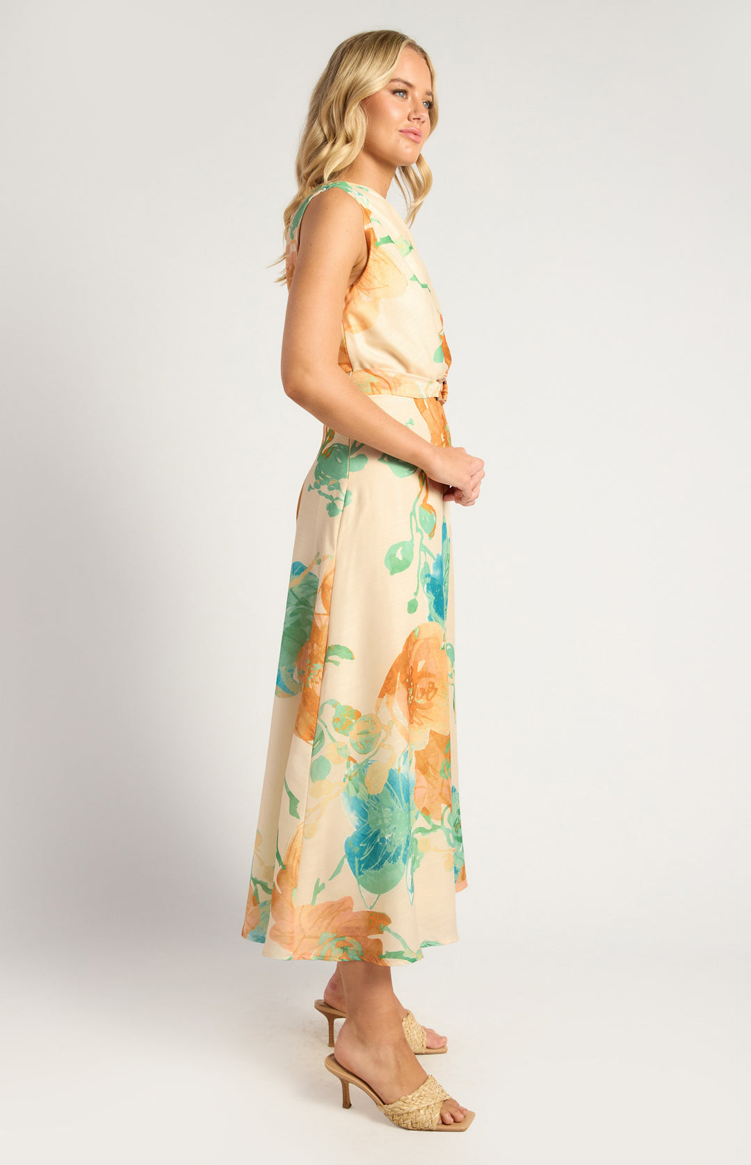 Style State Asymmetrical Faux Linen Floral Print Dress IN Tangerine and Blue