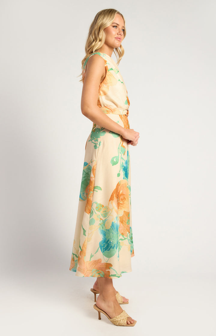 Style State Asymmetrical Faux Linen Floral Print Dress IN Tangerine and Blue