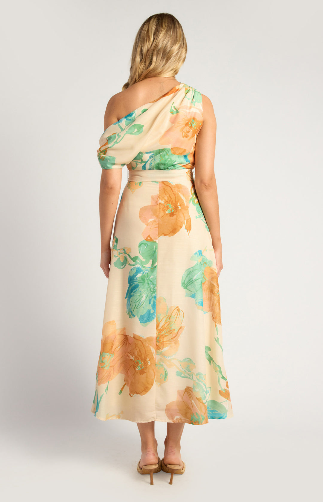 Style State Asymmetrical Faux Linen Floral Print Dress IN Tangerine and Blue