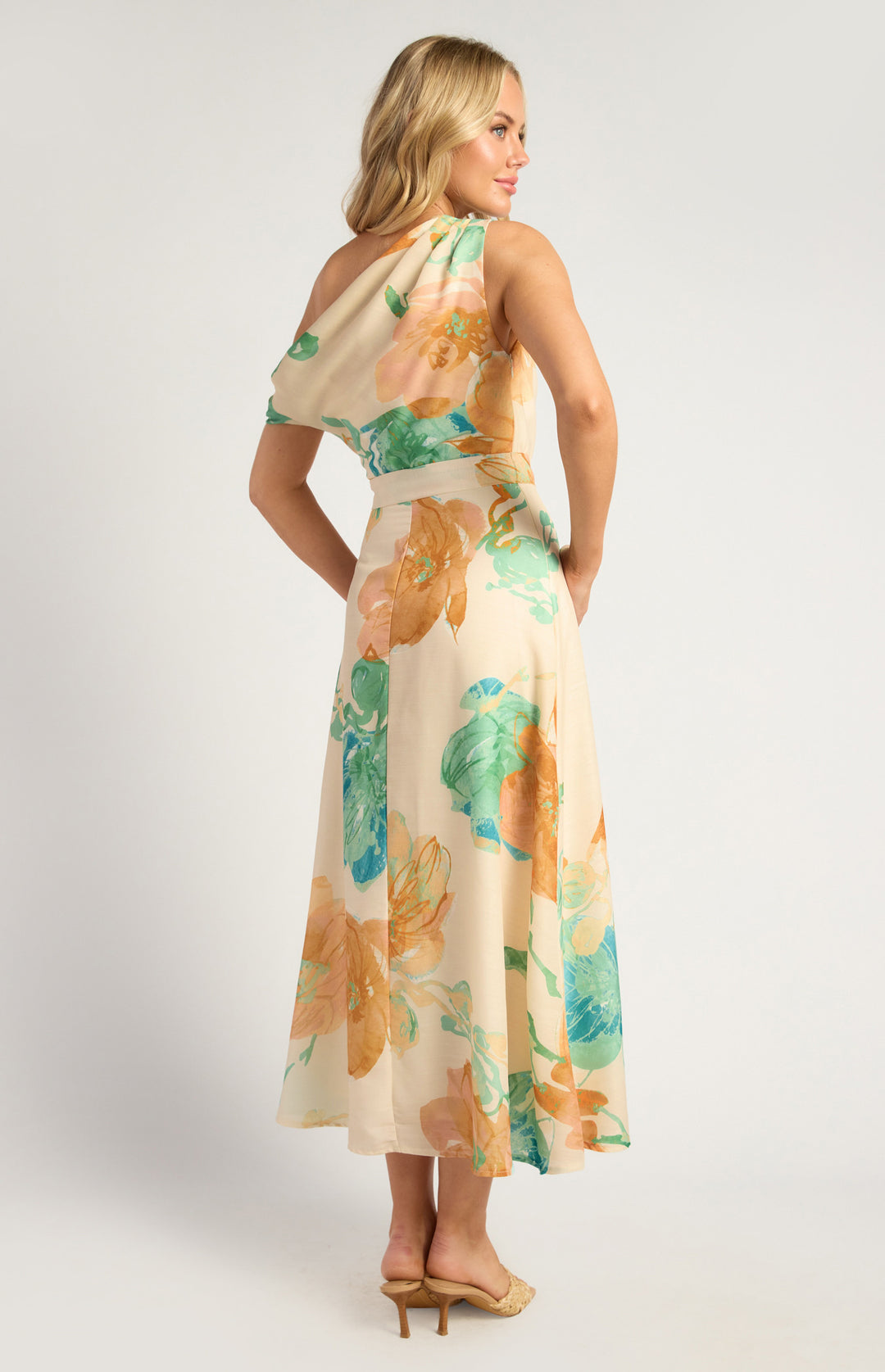 Style State Asymmetrical Faux Linen Floral Print Dress IN Tangerine and Blue