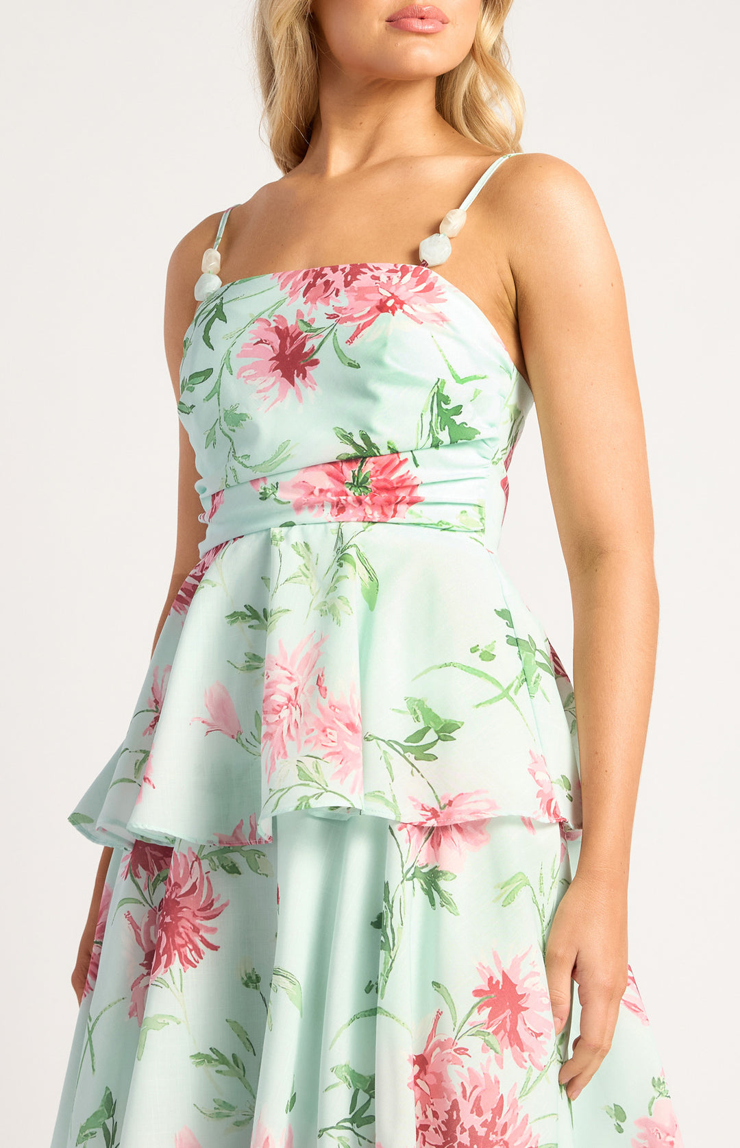 Style State Wispy Florals Beaded Strap Dress in Mint