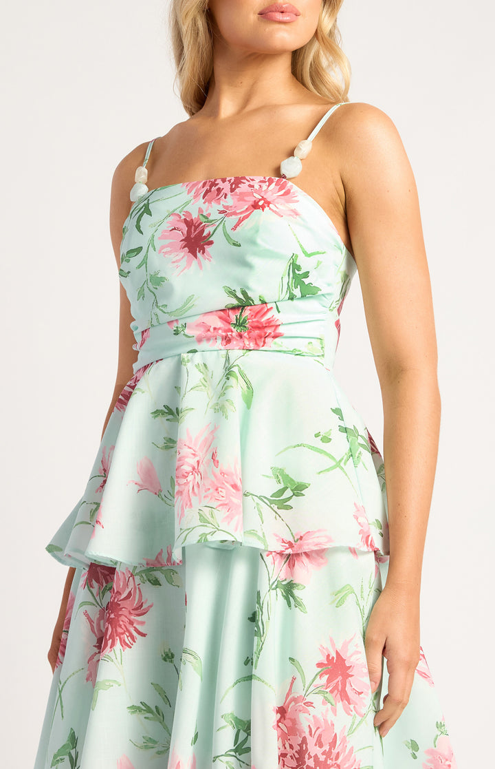 Style State Wispy Florals Beaded Strap Dress in Mint