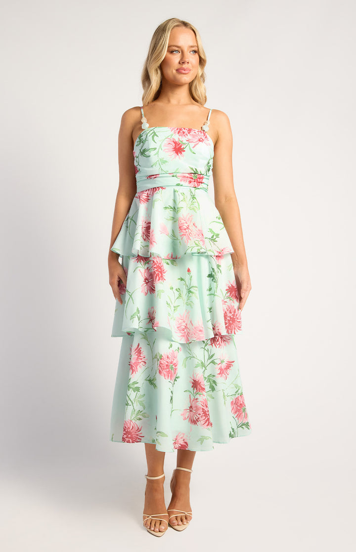 Style State Wispy Florals Beaded Strap Dress in Mint