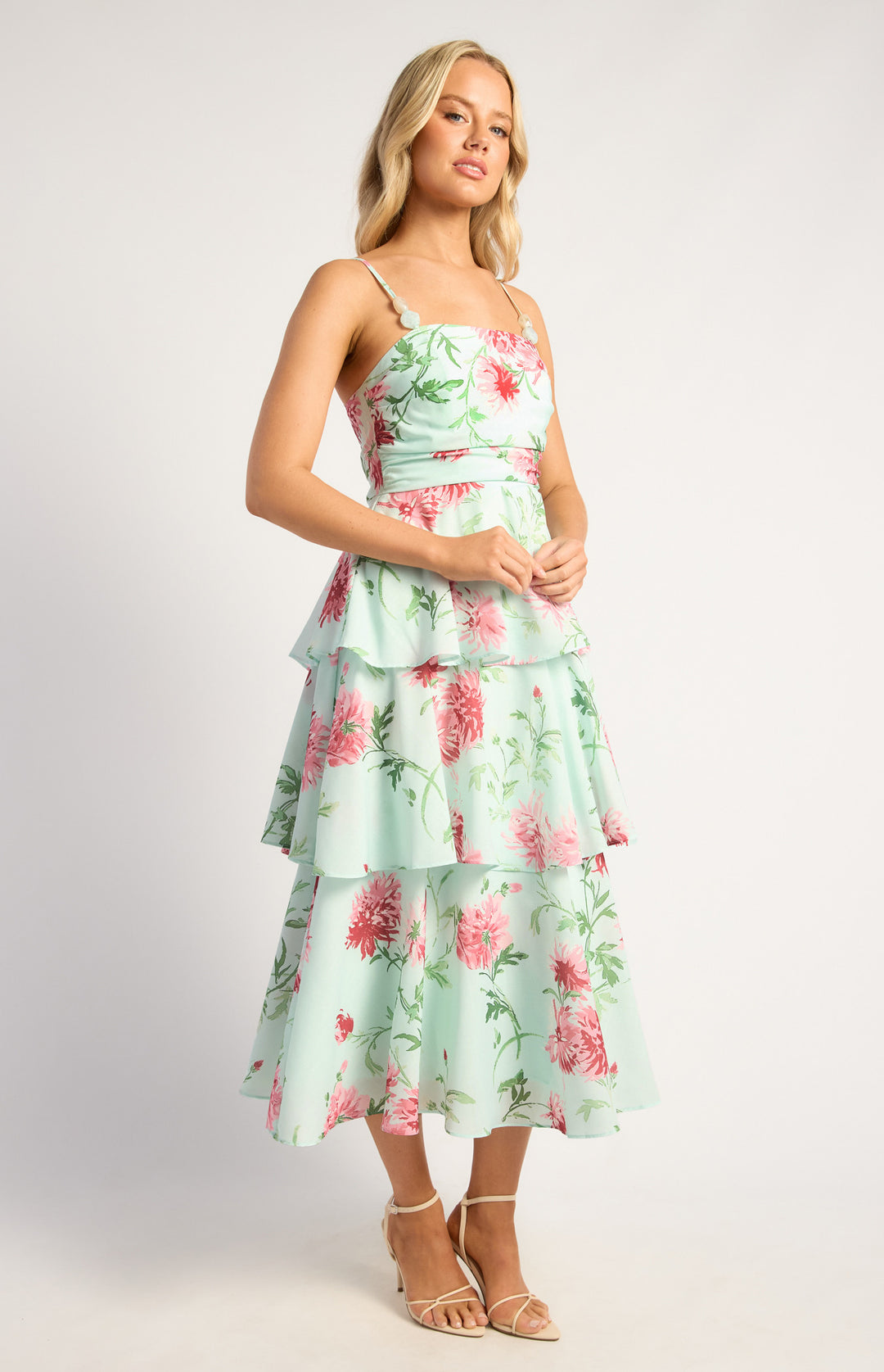 Style State Wispy Florals Beaded Strap Dress in Mint