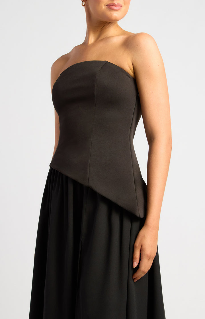 Style State Contrast Fabric Strapless Maxi Dress With Asymmetric Bodice