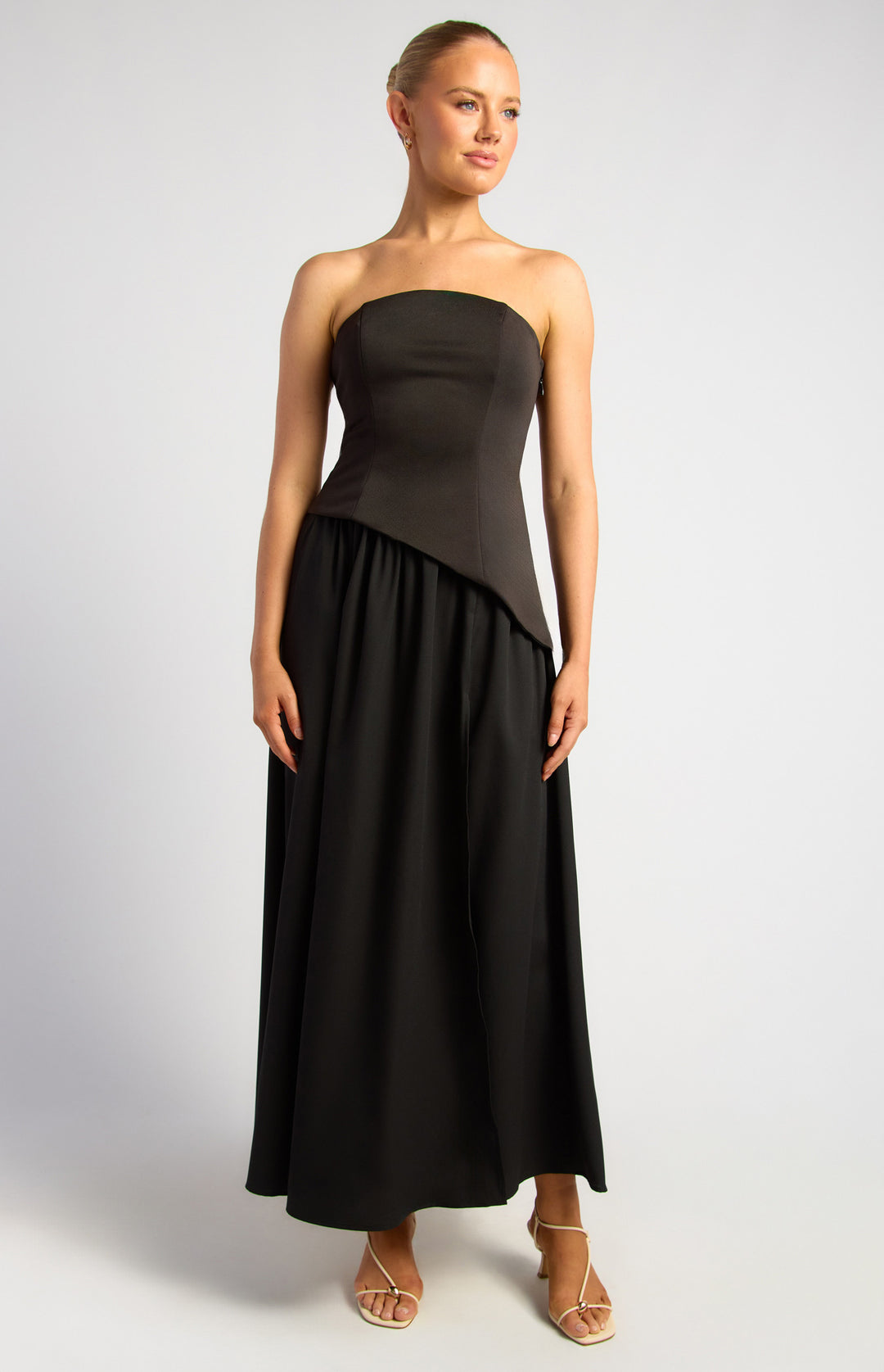 Style State Contrast Fabric Strapless Maxi Dress With Asymmetric Bodice
