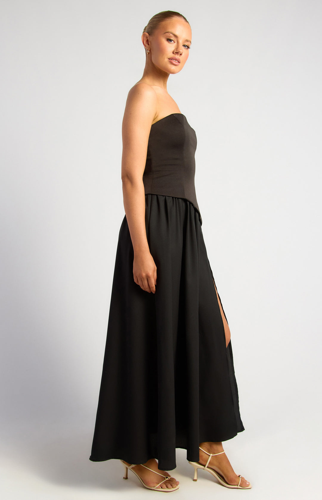 Style State Contrast Fabric Strapless Maxi Dress With Asymmetric Bodice
