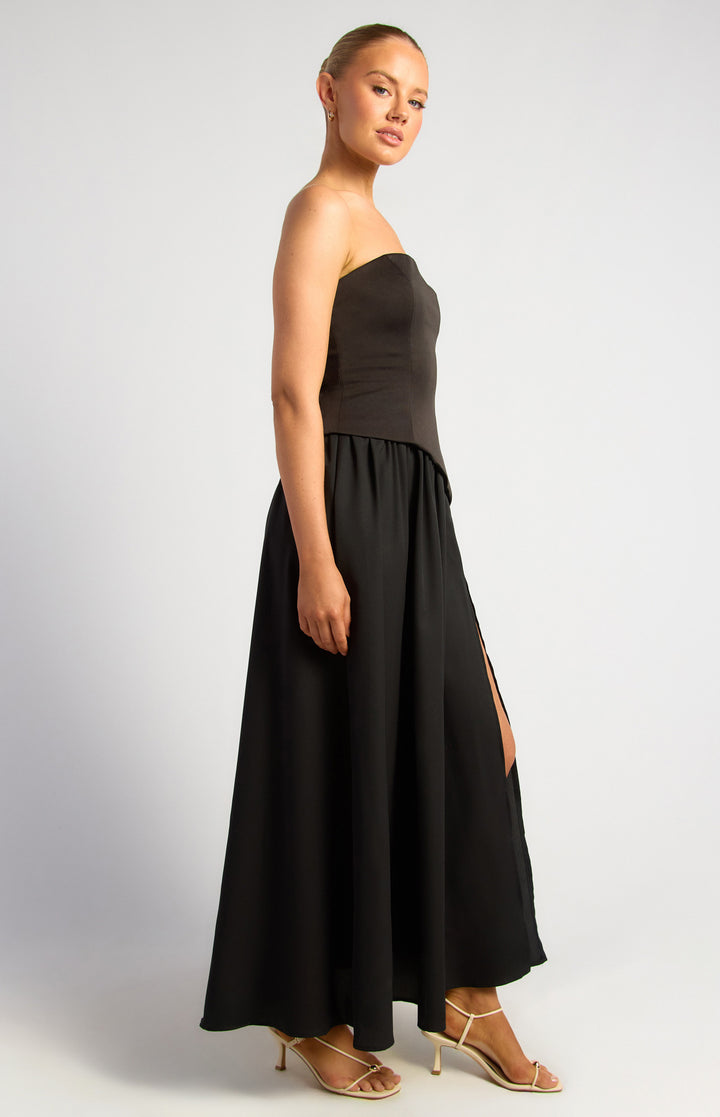 Style State Contrast Fabric Strapless Maxi Dress With Asymmetric Bodice
