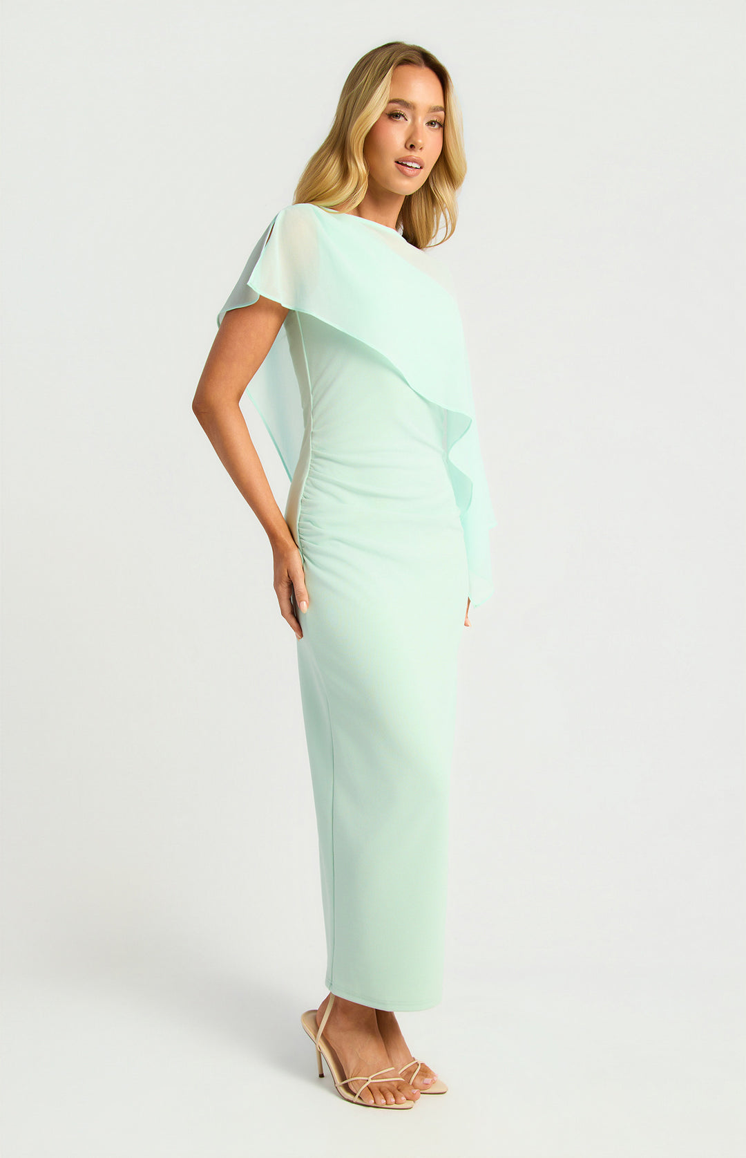 Style State Chiffon Cape One Shoulder Dress in Icy Blue
