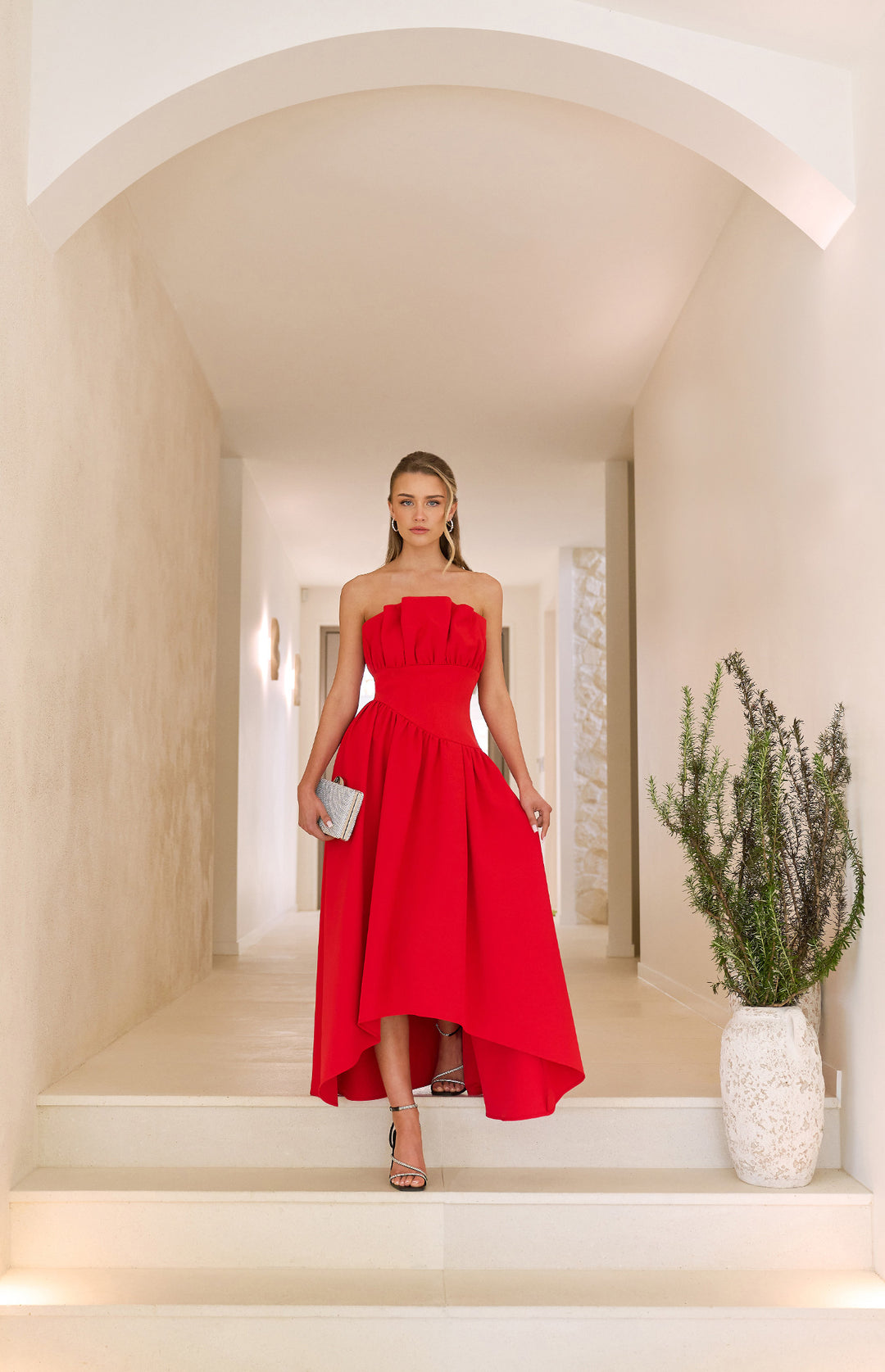 Style State Ruffle Neckline Feature Waterfall Hem Dress in Red