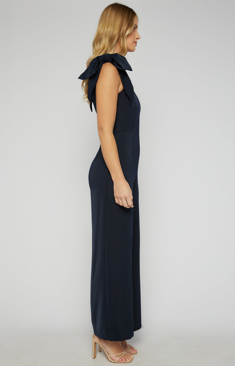 Style State One Shoulder Bow Feature Jumpsuit in Navy