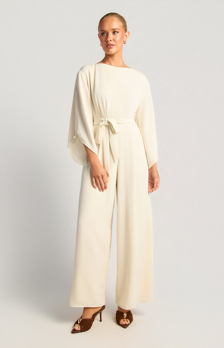 Style State Buttoned Split Cape Sleeve Jumpsuit in Cream