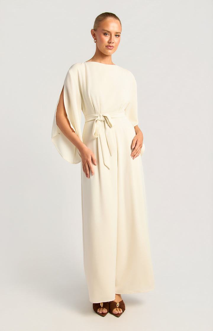 Style State Buttoned Split Cape Sleeve Jumpsuit in Cream