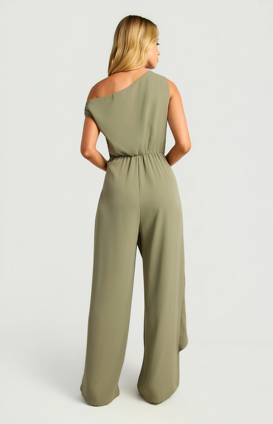 Style State One Shoulder Drape Waist Tie Jumpsuit in Khaki