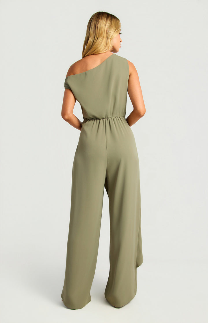 Style State One Shoulder Drape Waist Tie Jumpsuit in Khaki