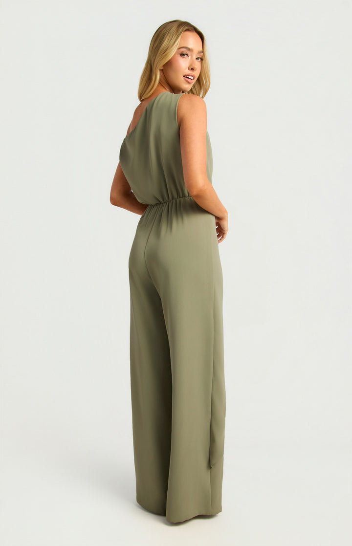 Style State One Shoulder Drape Waist Tie Jumpsuit in Khaki