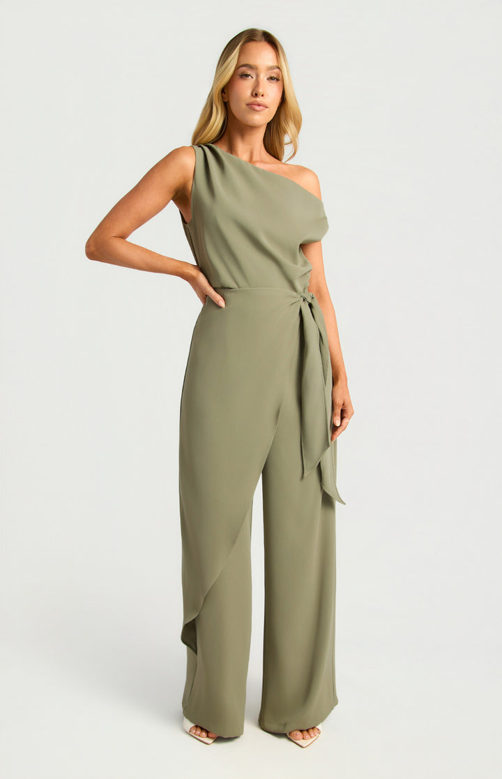 Style State One Shoulder Drape Waist Tie Jumpsuit in Khaki