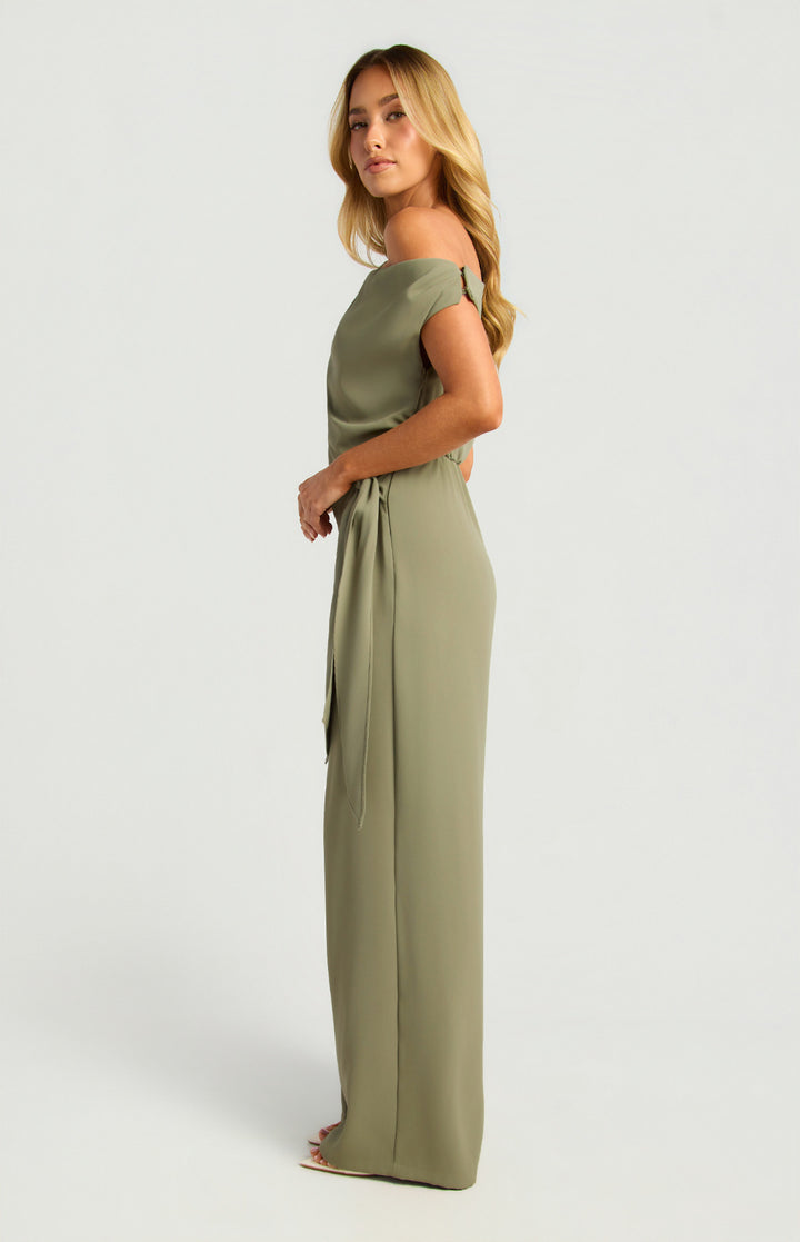 Style State One Shoulder Drape Waist Tie Jumpsuit in Khaki