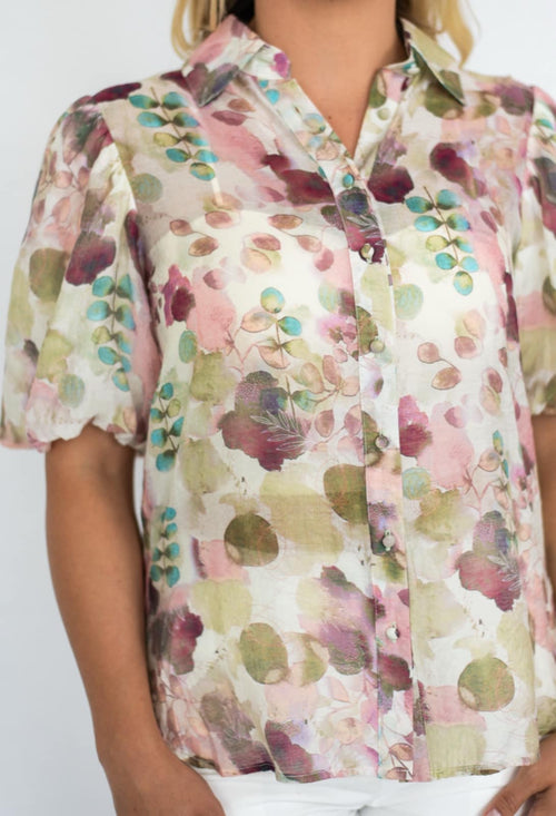 Fria Whispering Petal Print Balloon Sleeve Blouse