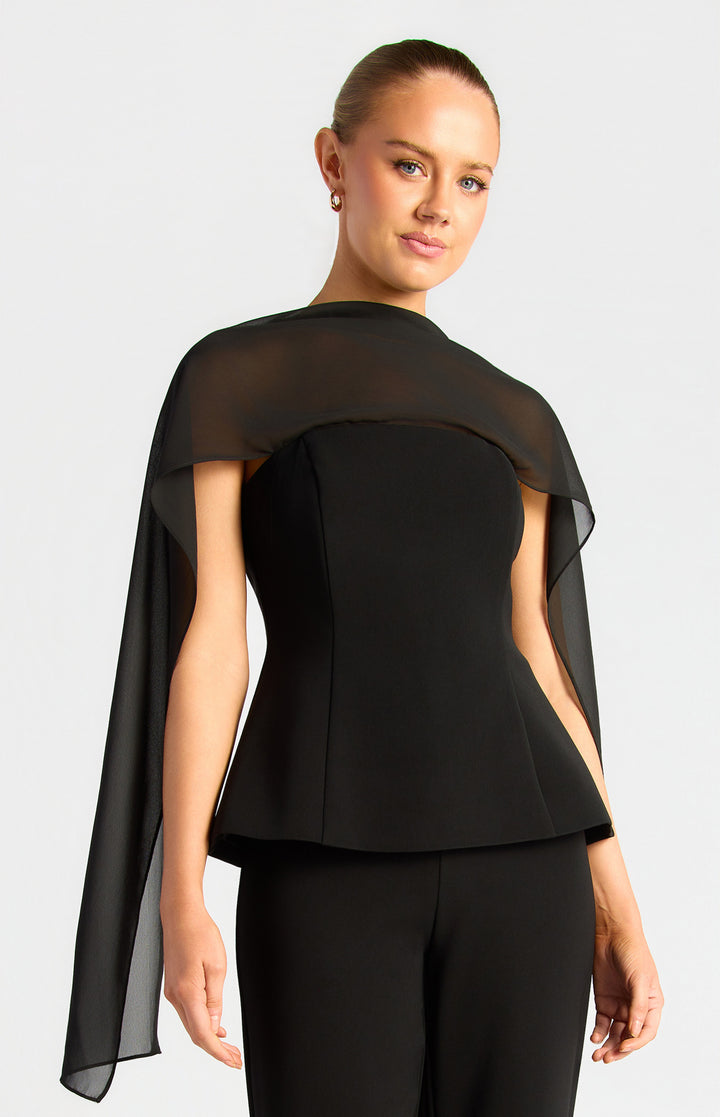 Style State Draped Scarf Feature Peplum Top in Black