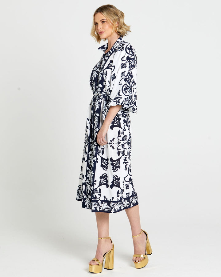 Fate Lovefool Midi Shirt Dress in Blue Floral