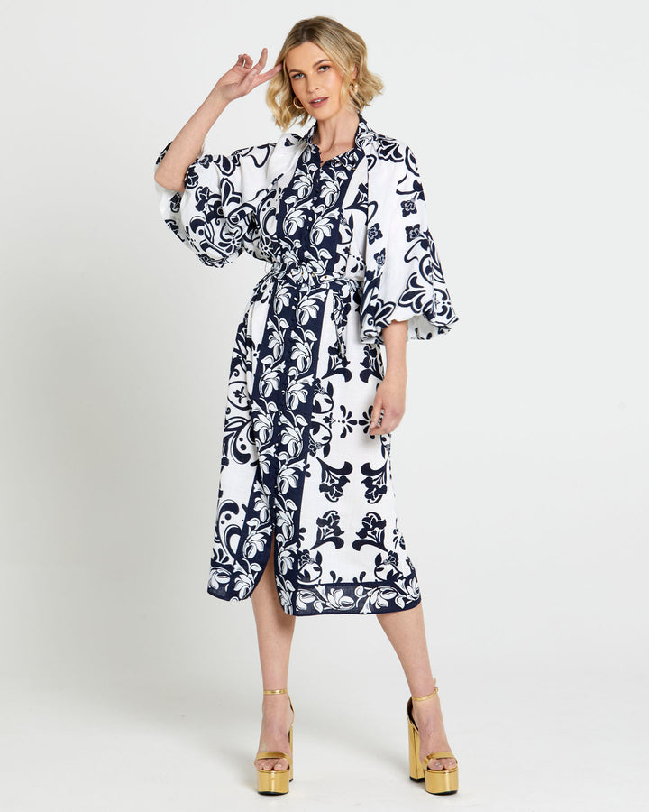 Fate Lovefool Midi Shirt Dress in Blue Floral