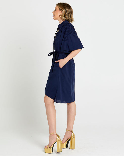 Fate Dreams Embroidered Midi Dress in Navy