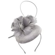 Distinctive Hats Sinamay Pillbox with Feather FLower in Silver 16409
