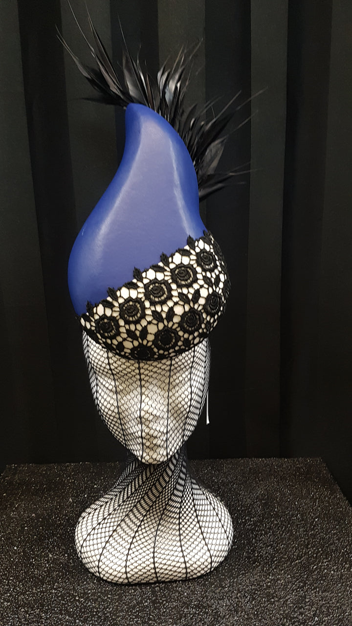 MC Millinery MC1207 Blue leather teardrop percher with lace and feather trim