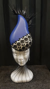 MC Millinery MC1207 Blue leather teardrop percher with lace and feather trim