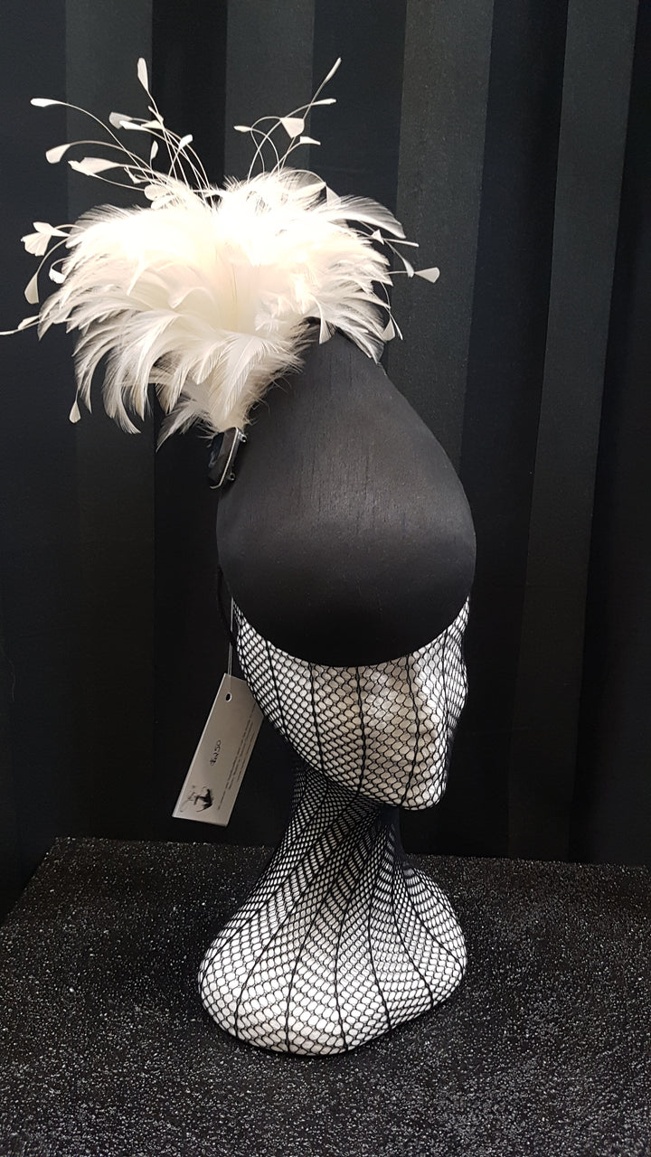 MC Millinery MC1208 Black fabric curved teardrop percher with feather tree